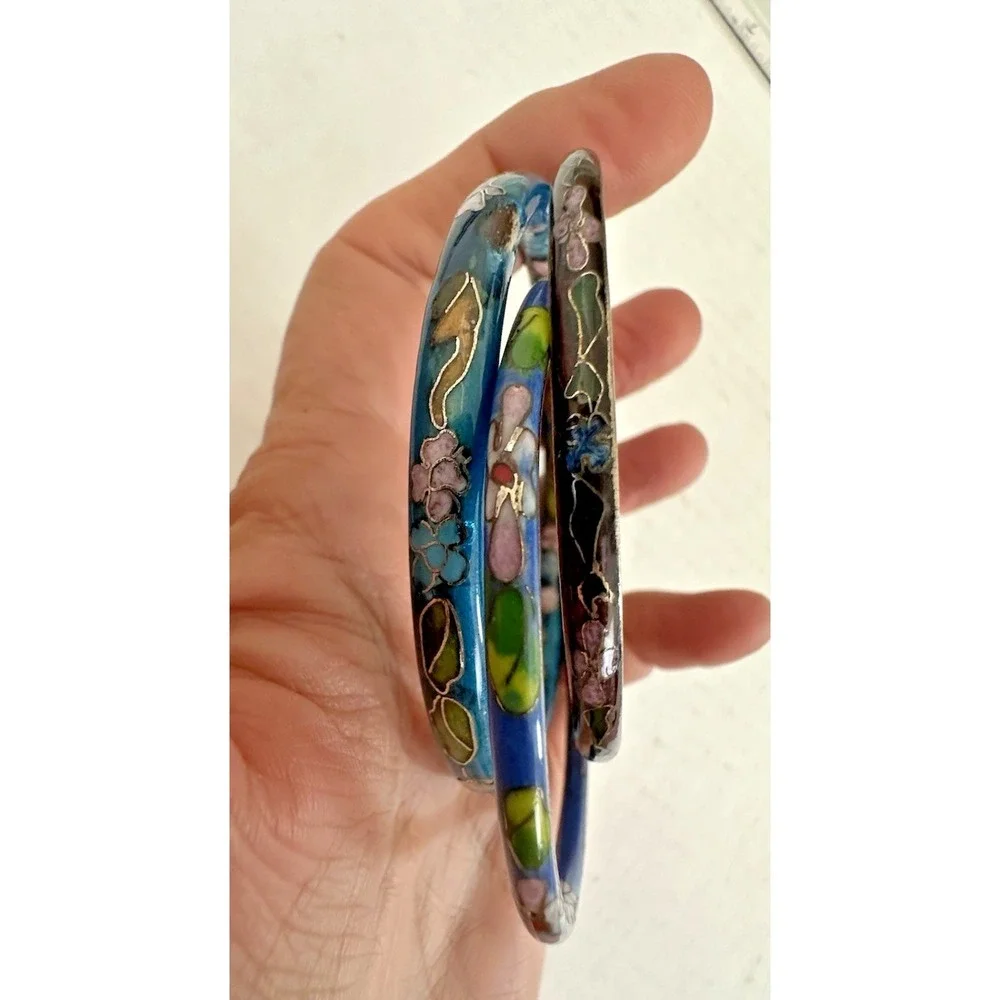 Cloisonne Bangle Bracelet Blue Aqua Floral Pink Metal Set of 3